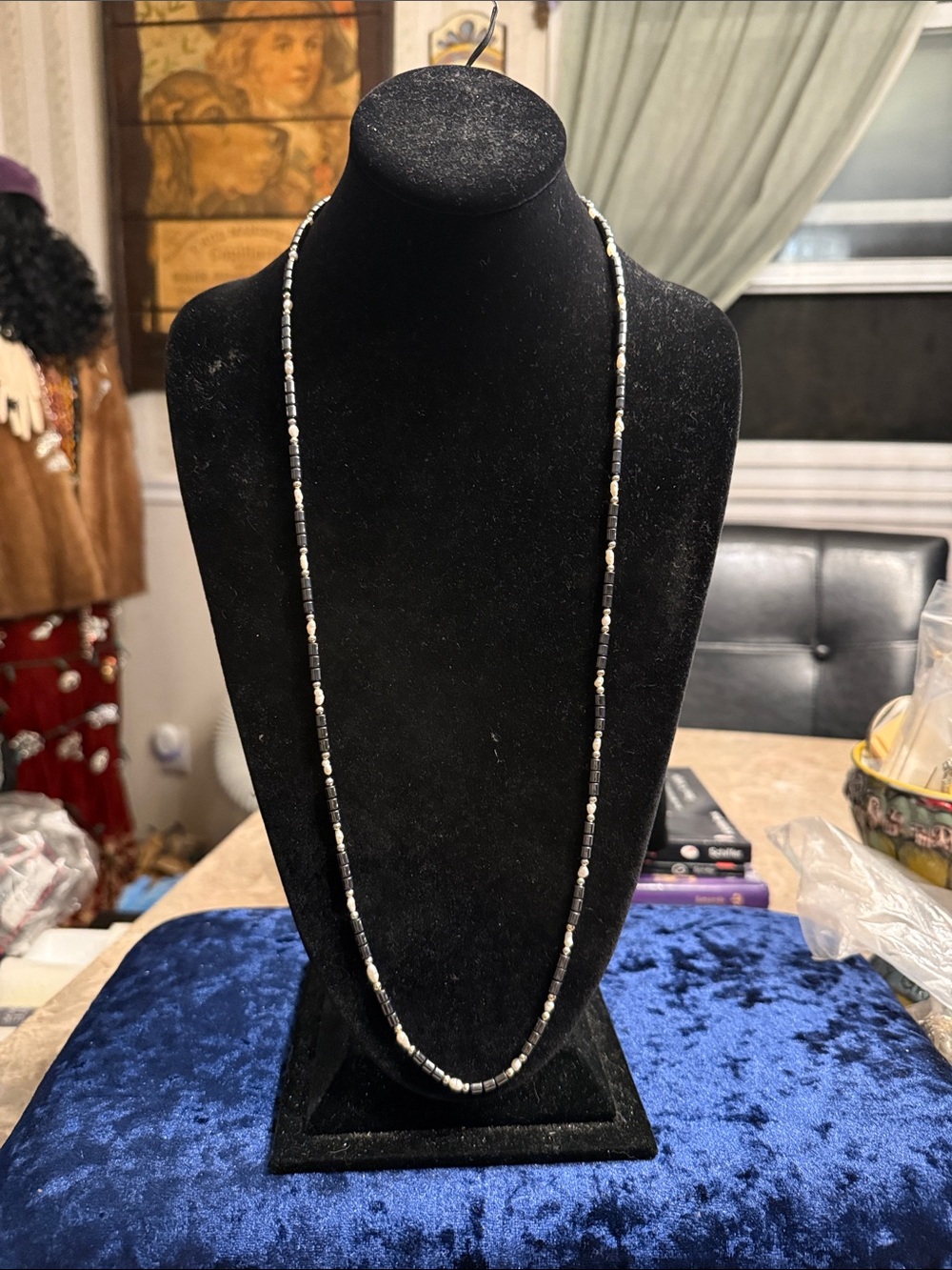 Artisan created genuine, hematite, and seed pearl necklace with gold tone beads